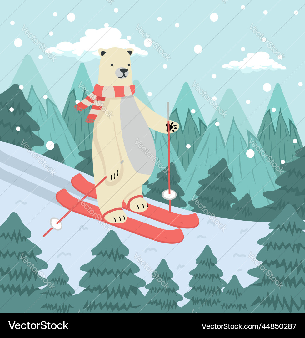 Cute polar bear skiing with tree Cute polar bear skiing with tree vector image