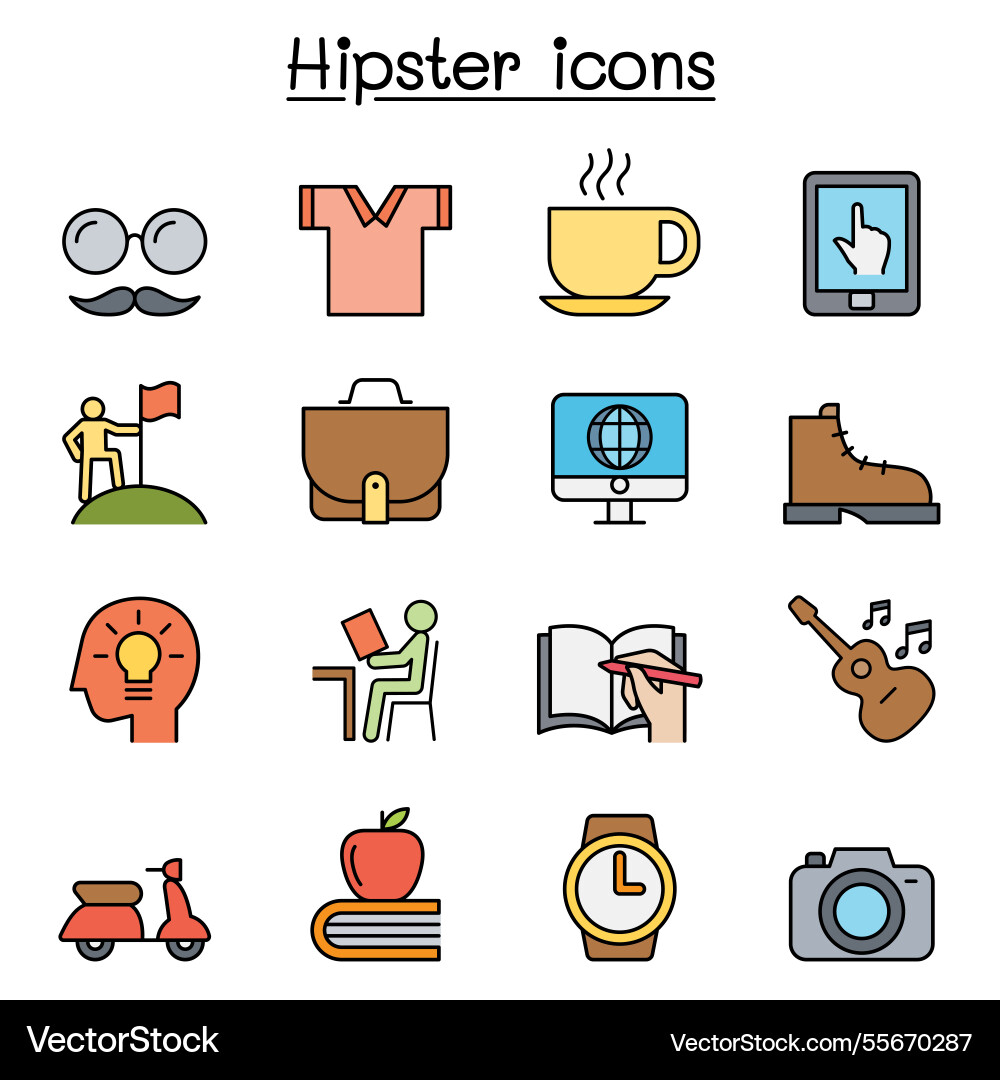 Hipster icon set in color line style Hipster icon set in color line style Vector Image