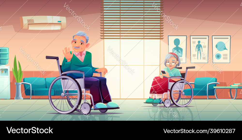 Senior disabled man and woman sit on wheelchair Senior disabled man and woman sit on wheelchair vector image