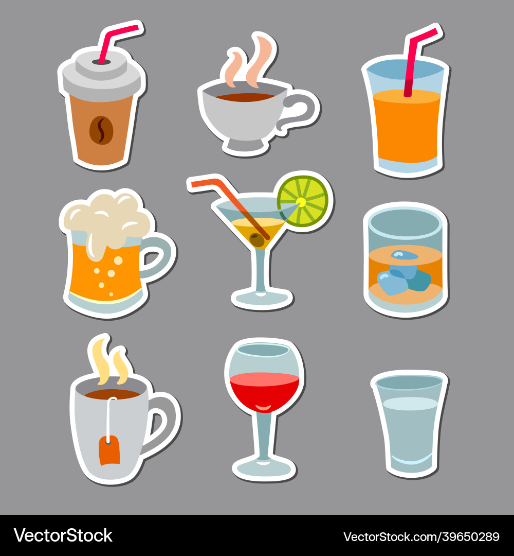 Beverages colorful stickers set Beverages colorful stickers set vector image