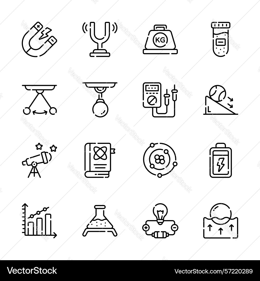 Handy collection of physics experiments line icons Handy collection of physics experiments line icons Vector Image