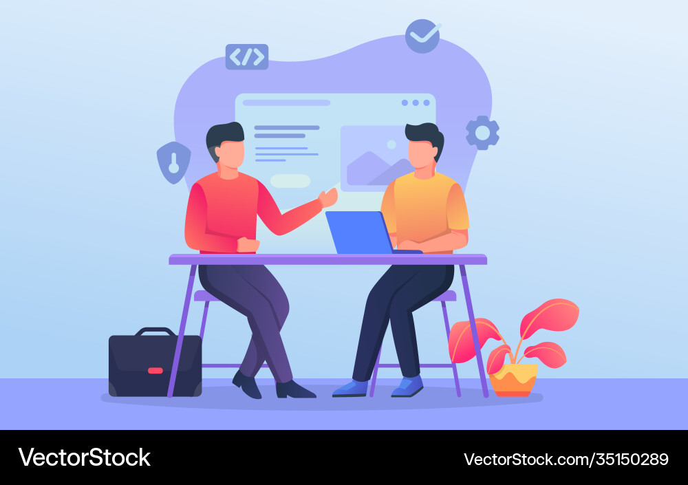 Programmer or developer discussion team when work Programmer or developer discussion team when work Vector Image