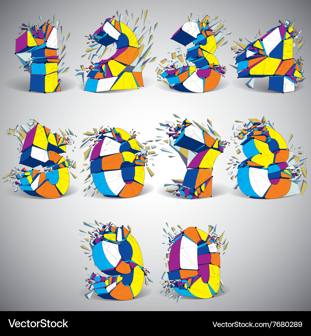 Set abstract 3d faceted colorful numbers vector image