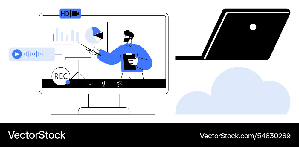 Virtual presentation recording setup with laptop Virtual presentation recording setup with laptop vector image