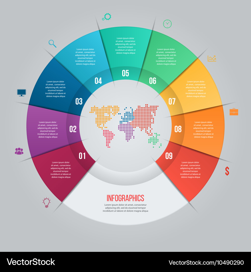 9 Part Pie Chart Template with World Map vector image