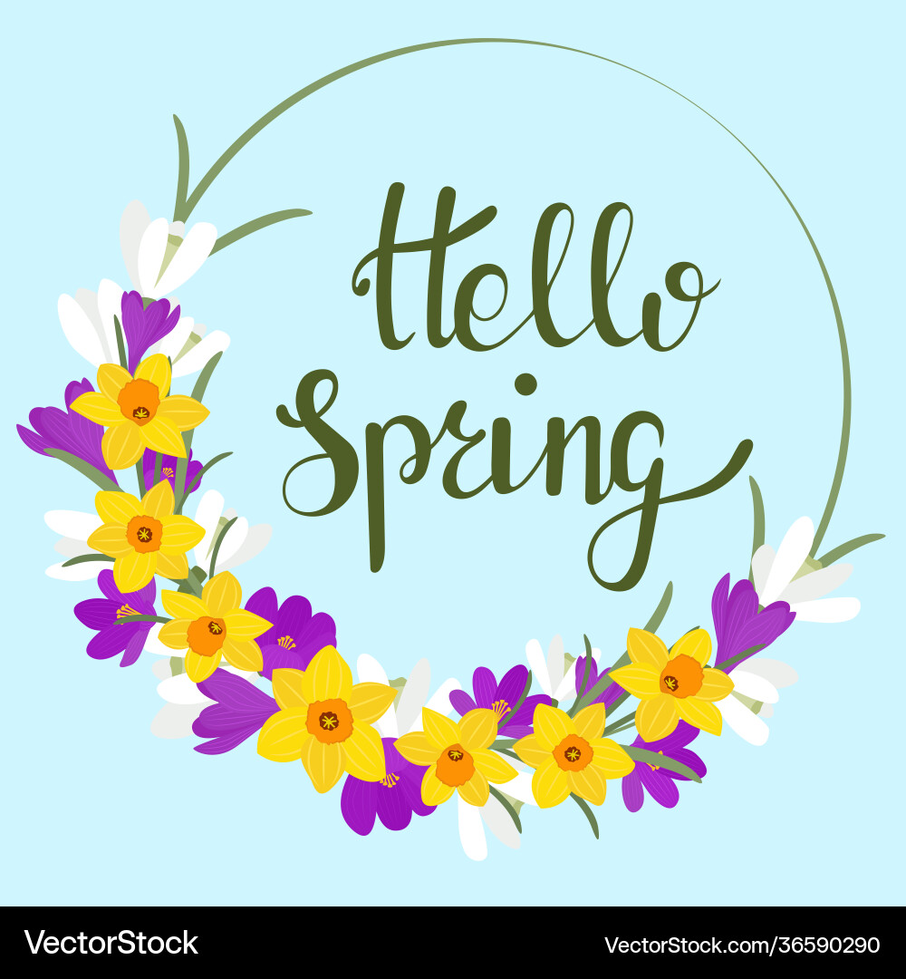 Circular frame with spring flowers and text hello Circular frame with spring flowers and text hello Vector Image