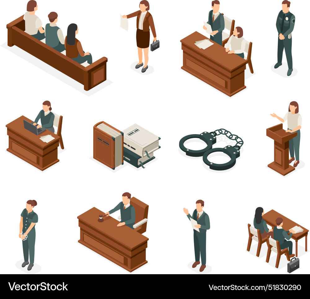 Isometric court justice and law elements lawyer Isometric court justice and law elements lawyer vector image