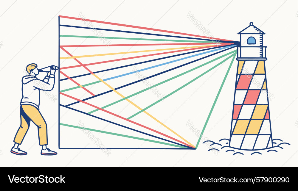 Man illuminating lighthouse with light rays Vector Image
