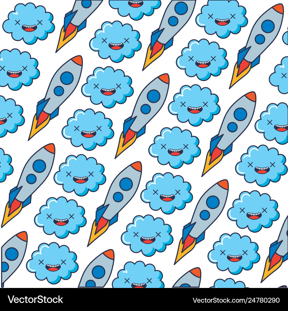 Startup rocket with clouds kawaii pattern Vector Image