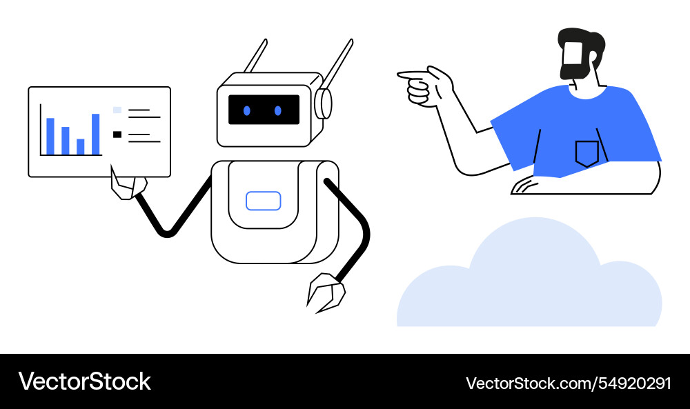 Man interacting with robot displaying data Man interacting with robot displaying data vector image