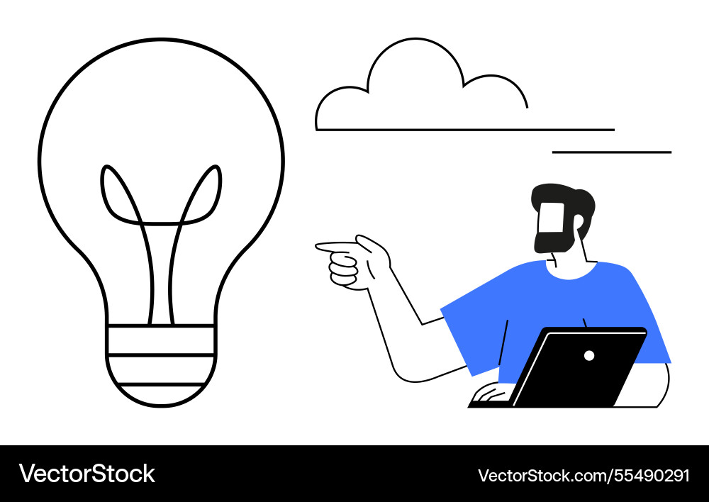 Man pointing at light bulb with cloud Man pointing at light bulb with cloud vector image