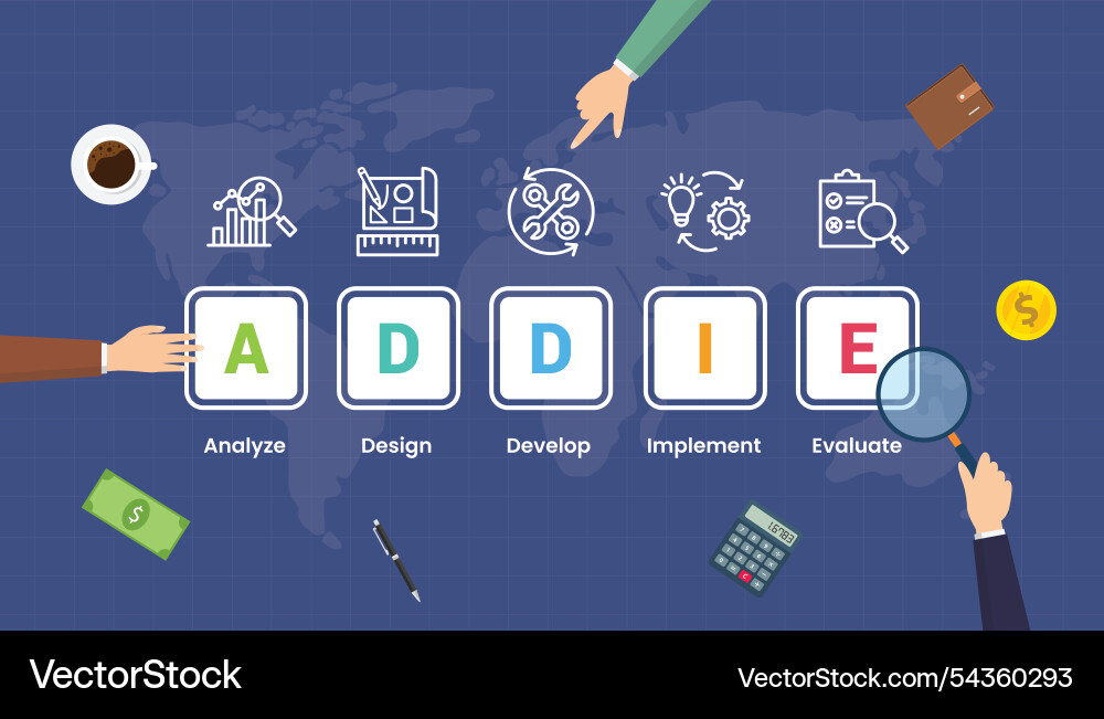 Addie training development model with teamwork Addie training development model with teamwork vector image