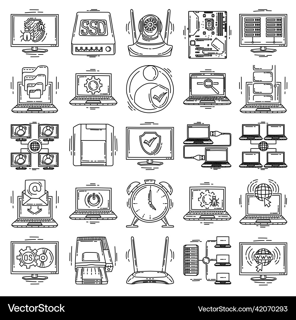 Computer software and hardware set icon doodle Vector Image