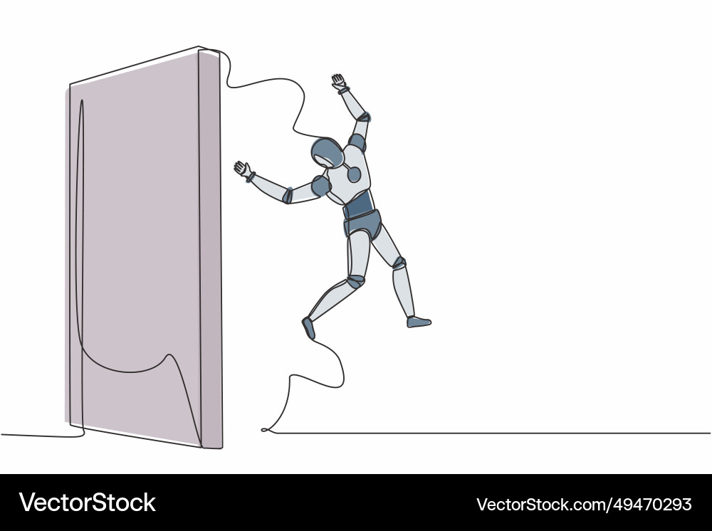 Continuous one line drawing robot managed to jump vector image