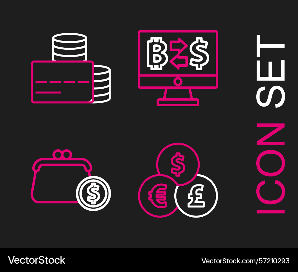 Set line currency exchange wallet with coins Set line currency exchange wallet with coins Vector Image