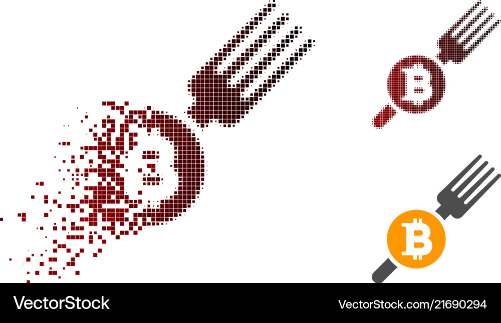 Disintegrating pixelated halftone bitcoin fork Disintegrating pixelated halftone bitcoin fork vector image