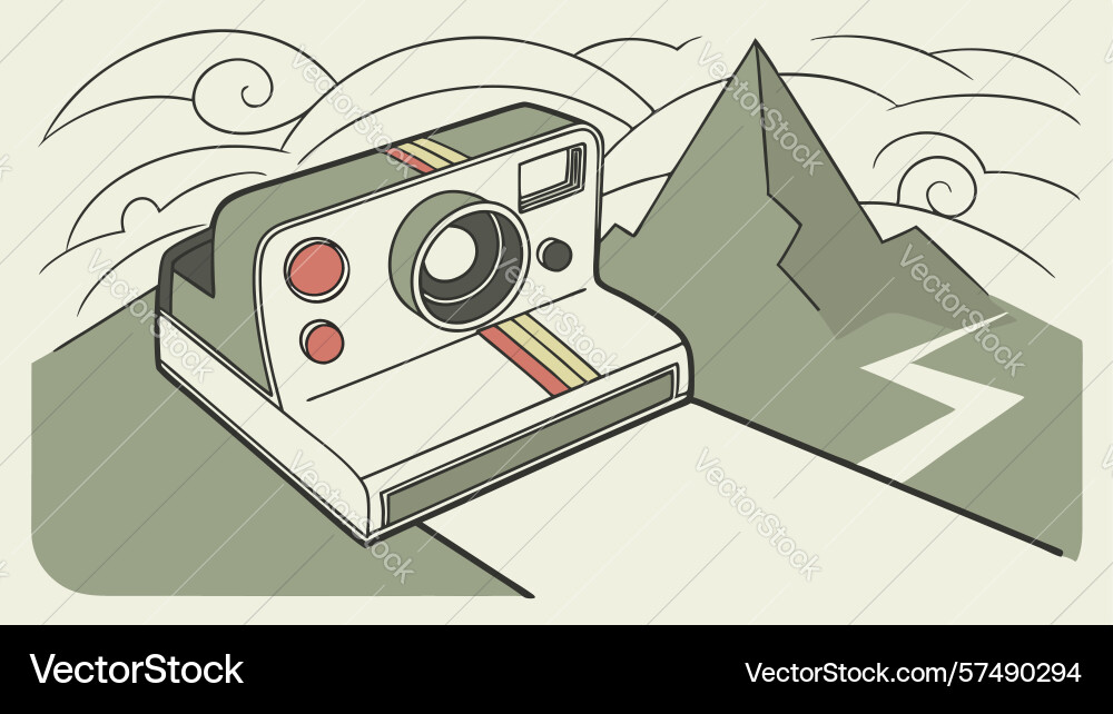 Retro camera on a winding path exploring stylized vector image