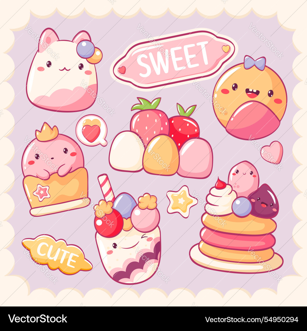 Set of stickers with cute dessert in kawaii style Set of stickers with cute dessert in kawaii style vector image