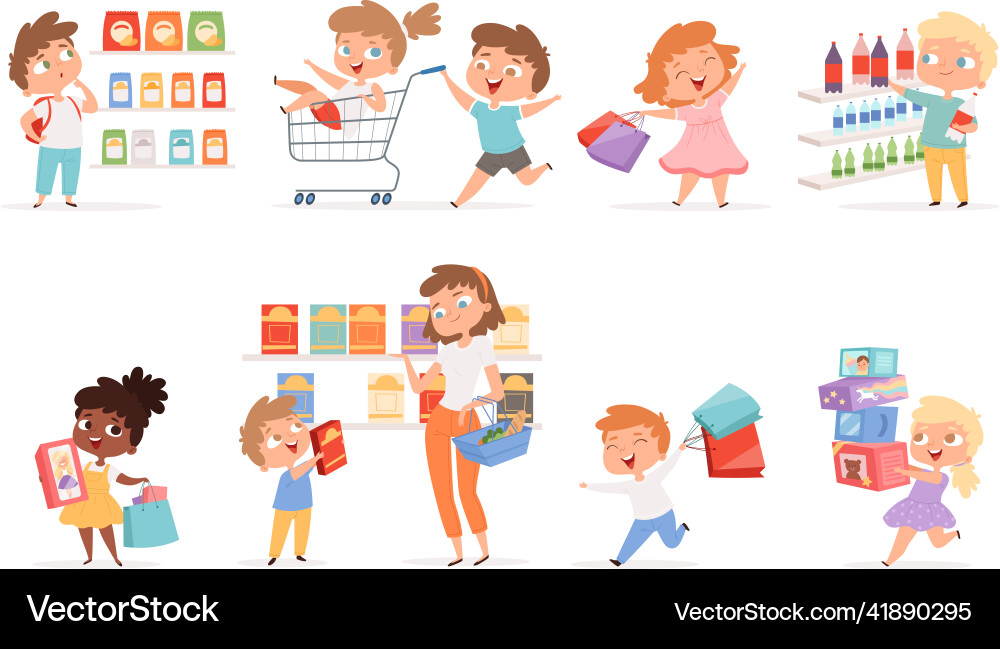 Grocery Kinder Eltern mit Kindern Einkaufen Grocery Kinder Eltern mit Kindern Einkaufen vektorbild