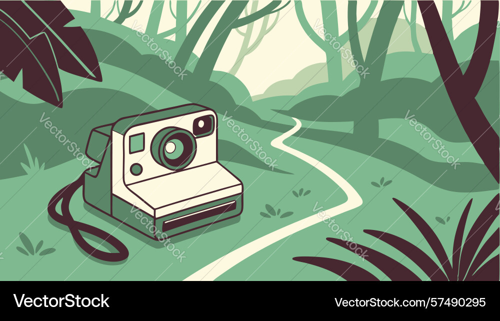 Instant camera on a forest path capturing vector image