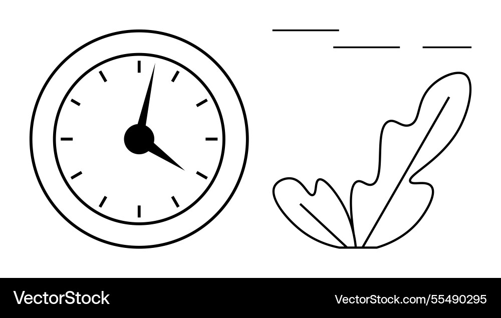 Minimalist clock with leaf and lines emphasizing Minimalist clock with leaf and lines emphasizing vector image