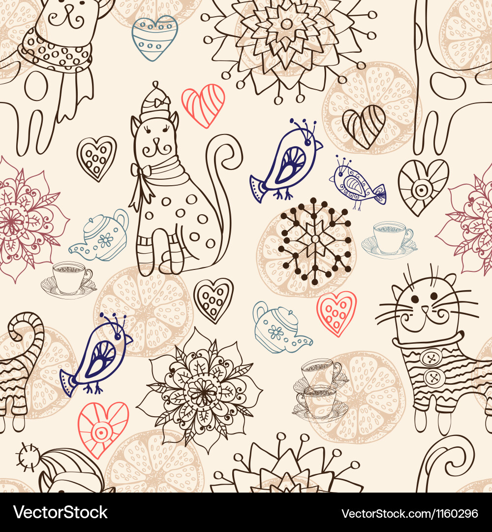 Cute Cat and Bird Pattern Vector Image