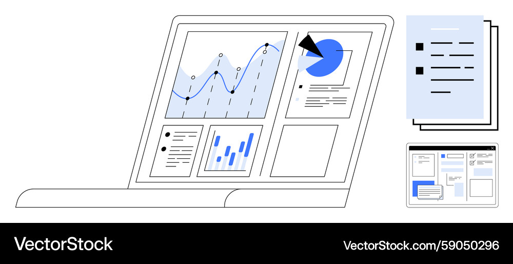 Data analytics dashboard displayed on laptop with Data analytics dashboard displayed on laptop with Vector Image