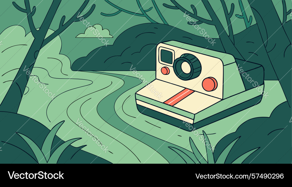 Retro camera by a stream capturing forest paths vector image