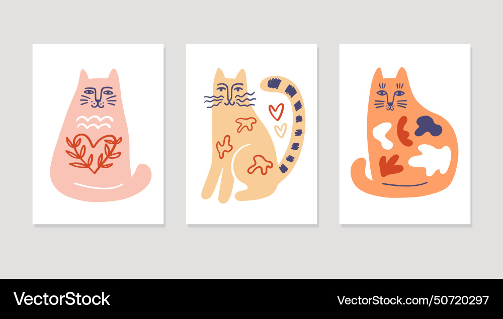 Artistic hand drawn cute cat set retro style Vector Image