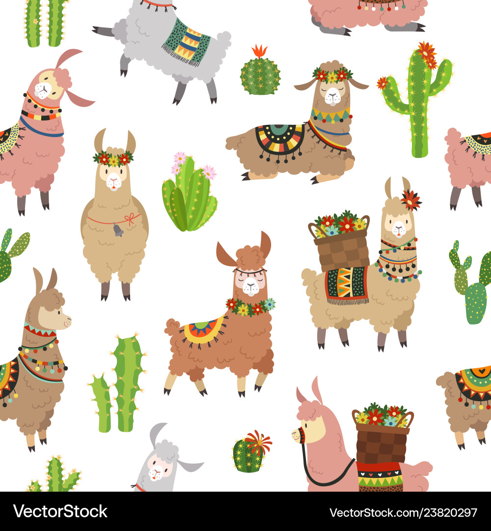 Cute Llama Seamless Pattern Vector Image