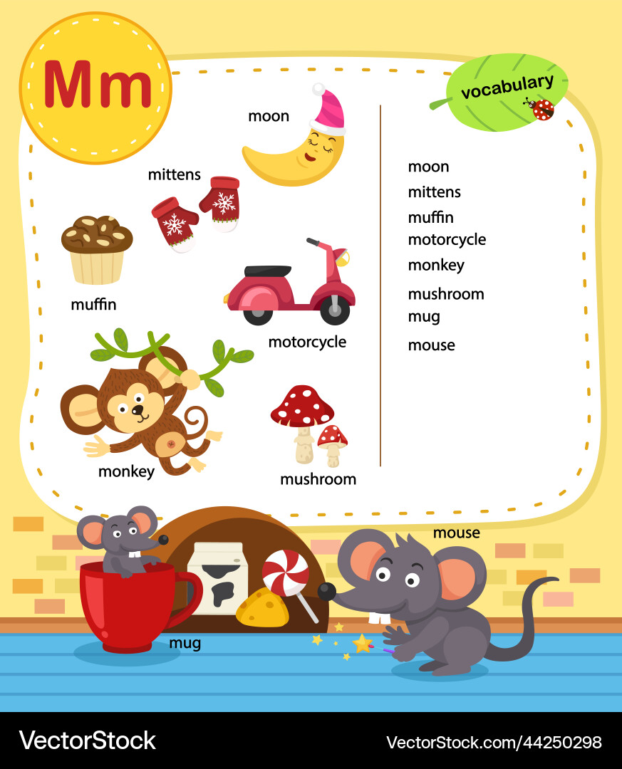 Alphabet letter m education vocabulary Alphabet letter m education vocabulary vector image