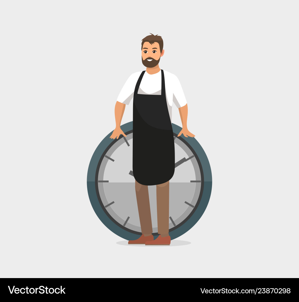 Man and clock deadline of worker wearing apron Vector Image