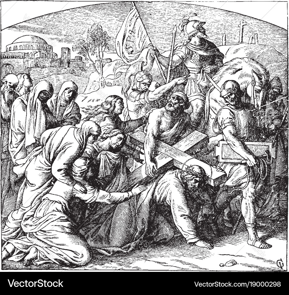Simon compelled to help jesus bear the cross vector image