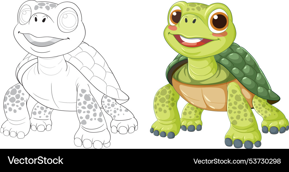 Smiling turtle in color and outline versions Vector Image