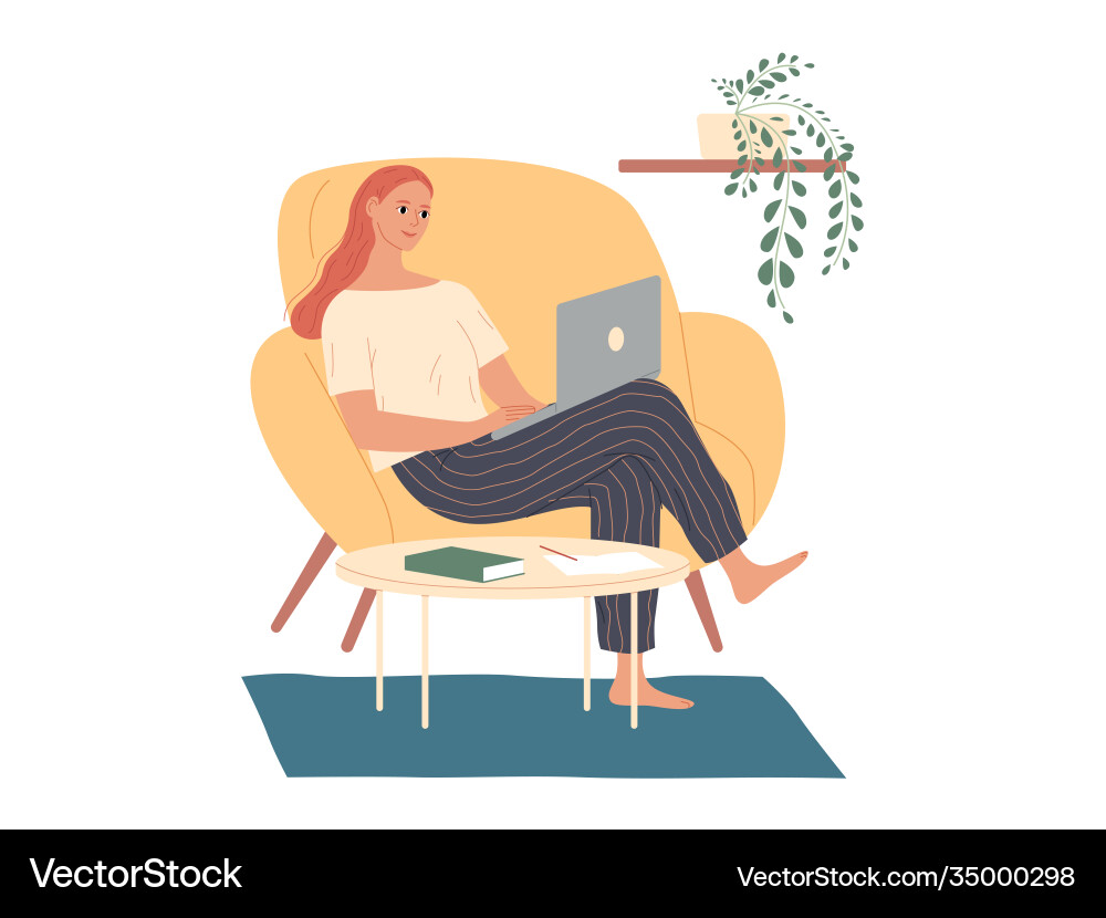 Woman sits in chair with laptop and takes notes Woman sits in chair with laptop and takes notes vector image