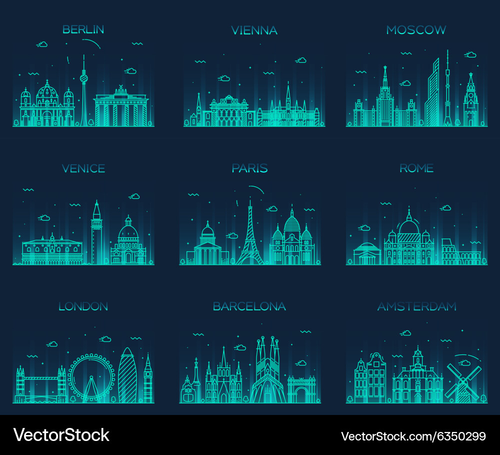 European City Skylines - Line Art Vector Image