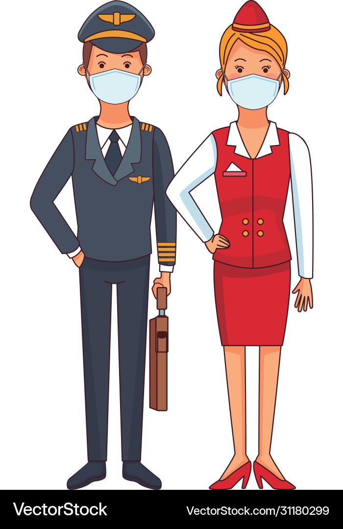 Pilot and receptionist using face masks Pilot and receptionist using face masks Vector Image