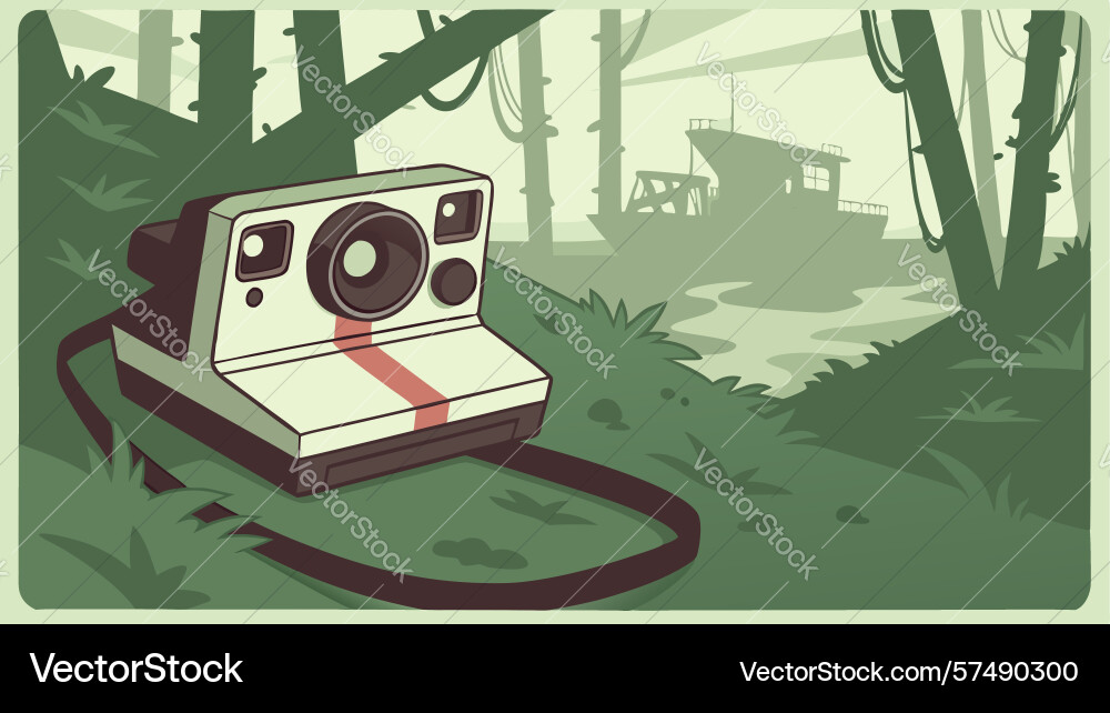 Instant camera on a path through lush greenery vector image
