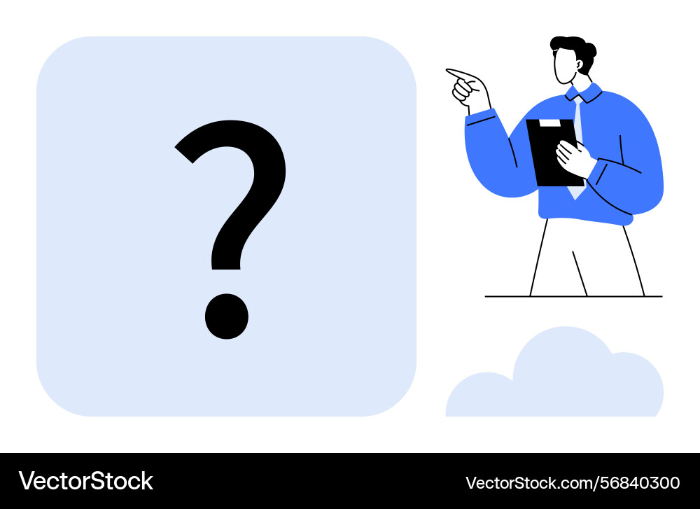 Person explaining large question mark for problem Person explaining large question mark for problem vector image