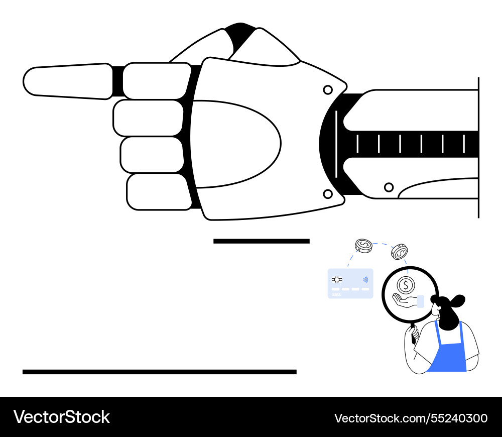 Robot hand pointing with person using magnifying Robot hand pointing with person using magnifying vector image