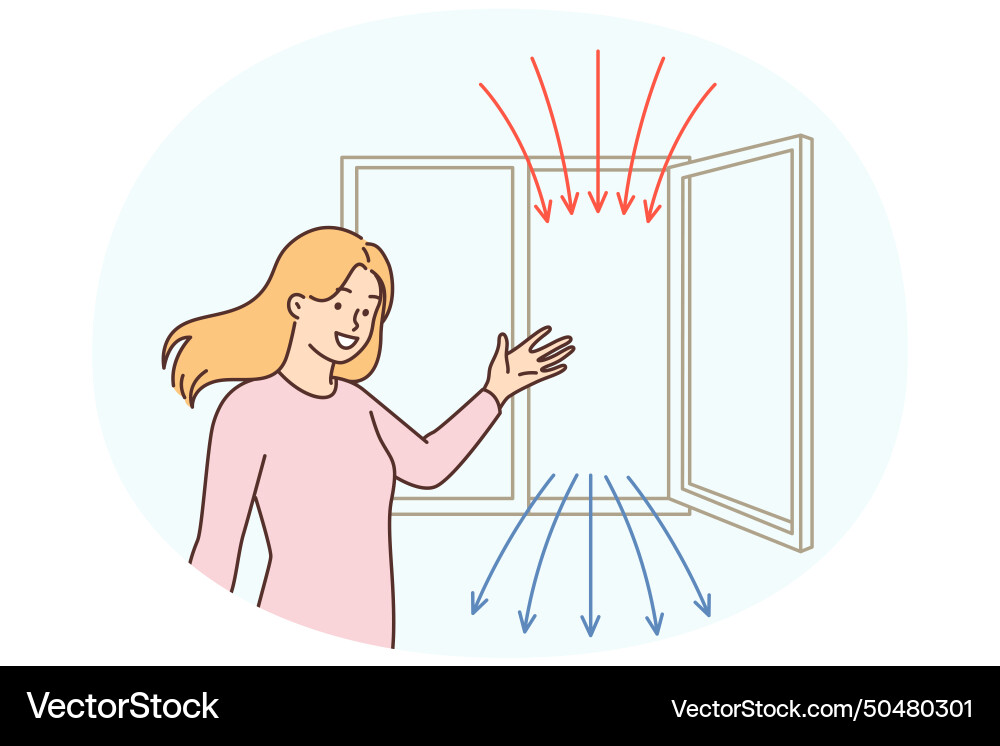 Woman points to open window recommending regular Woman points to open window recommending regular vector image
