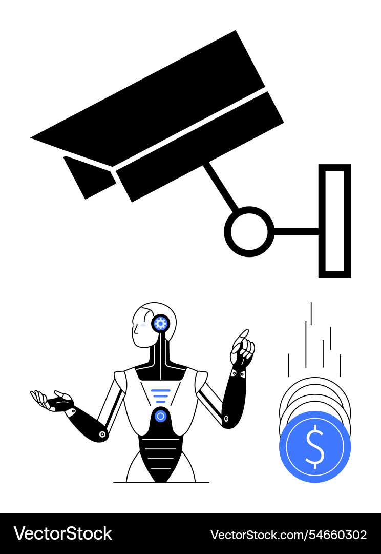 Ai robot engaging with digital currency while vector image