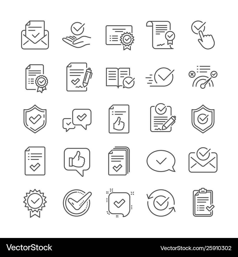 Approve line icons set check list certificate vector image