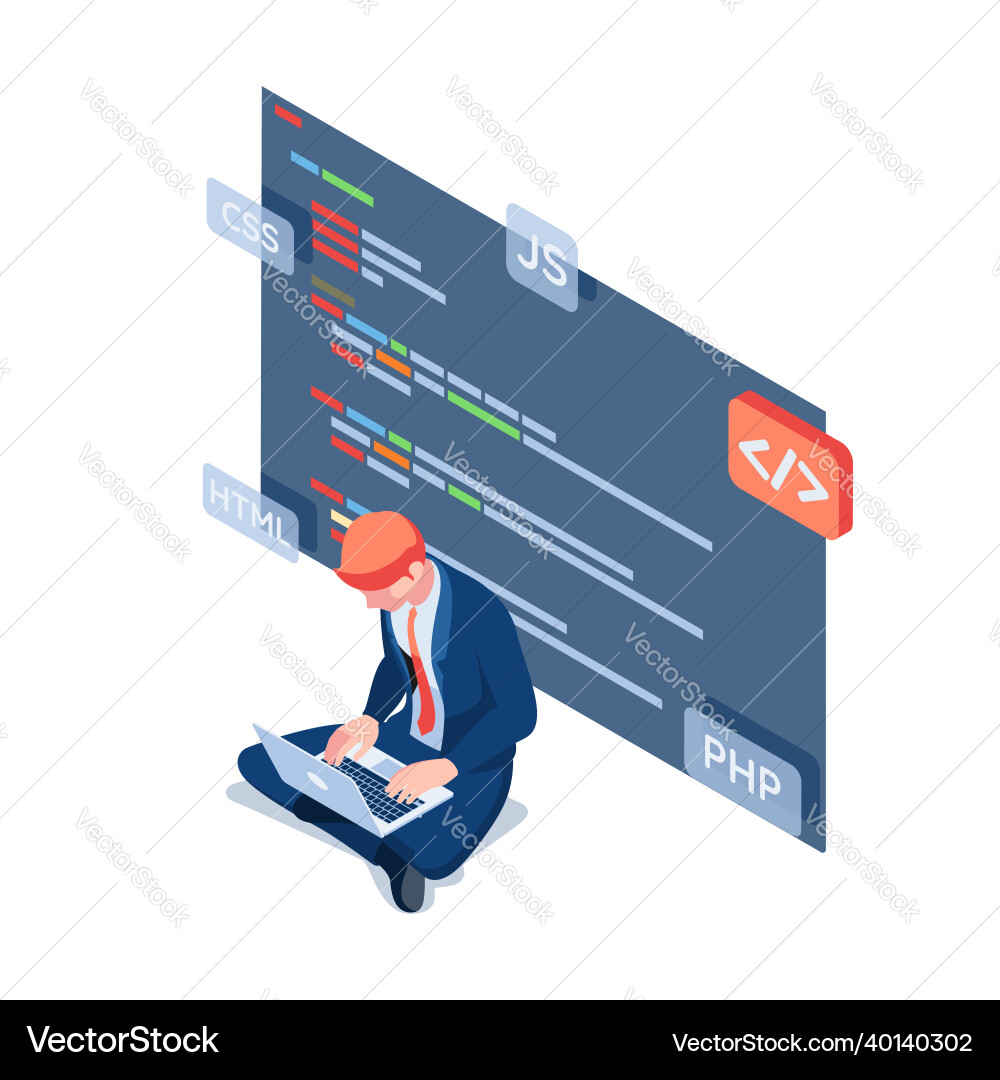 Isometric businessman as a programmer working Vector Image