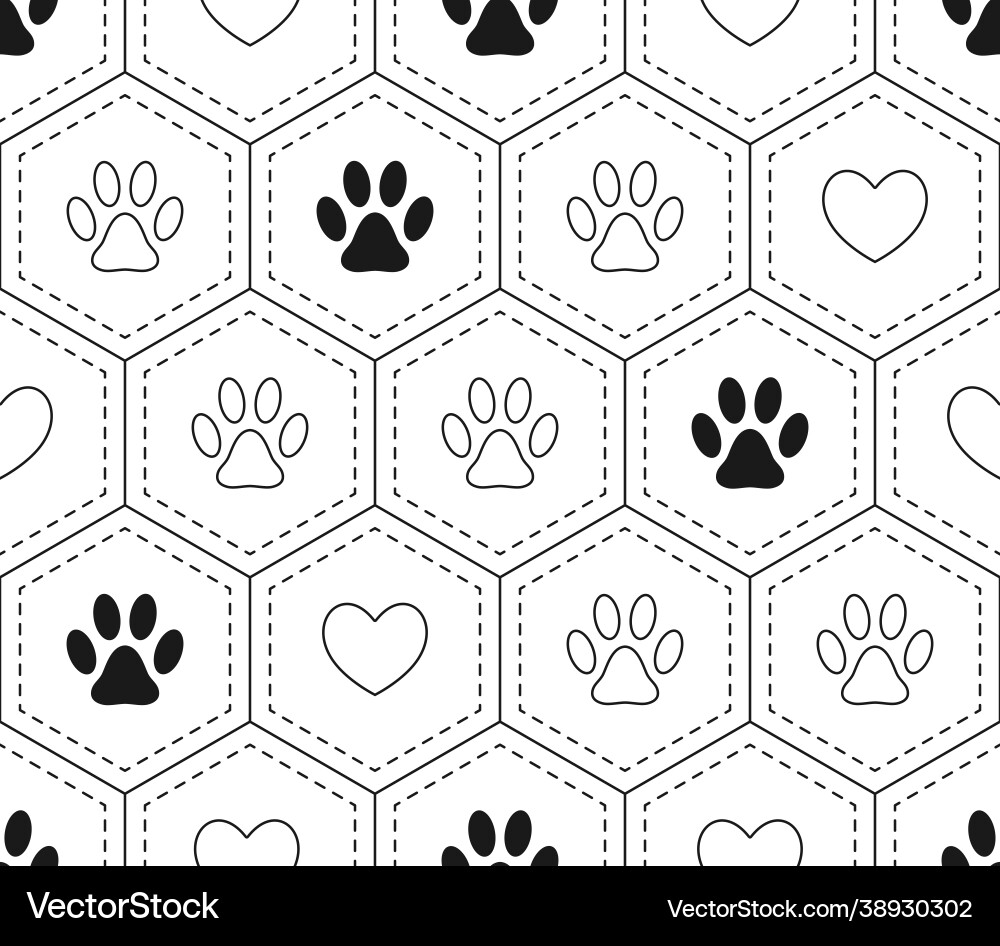 Pattern with footprints pet in hexagonal grid vector image
