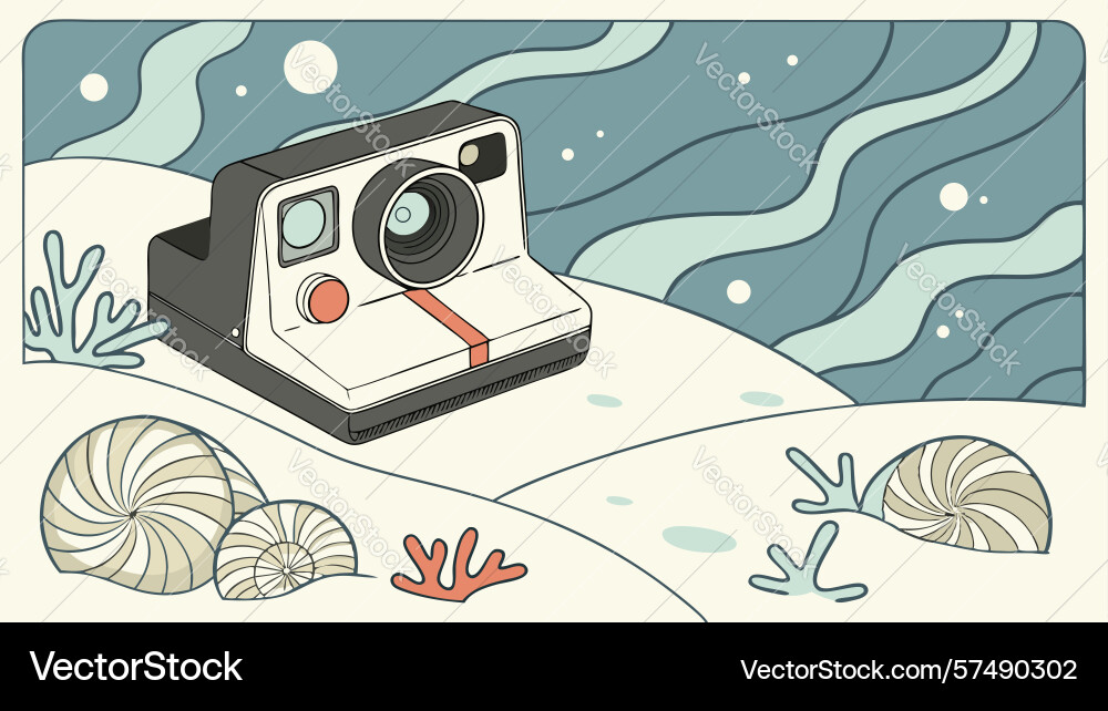Retro camera on a beach with seashells capturing Vector Image