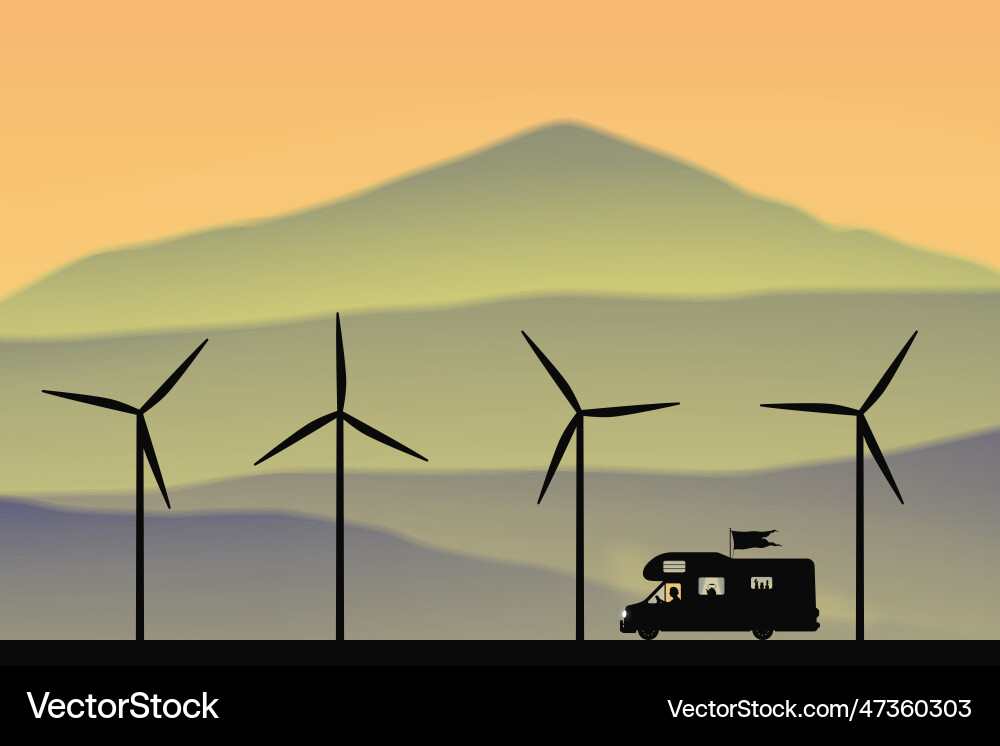 Retro Auto Road Trip mit Windmühlen Vektorbild