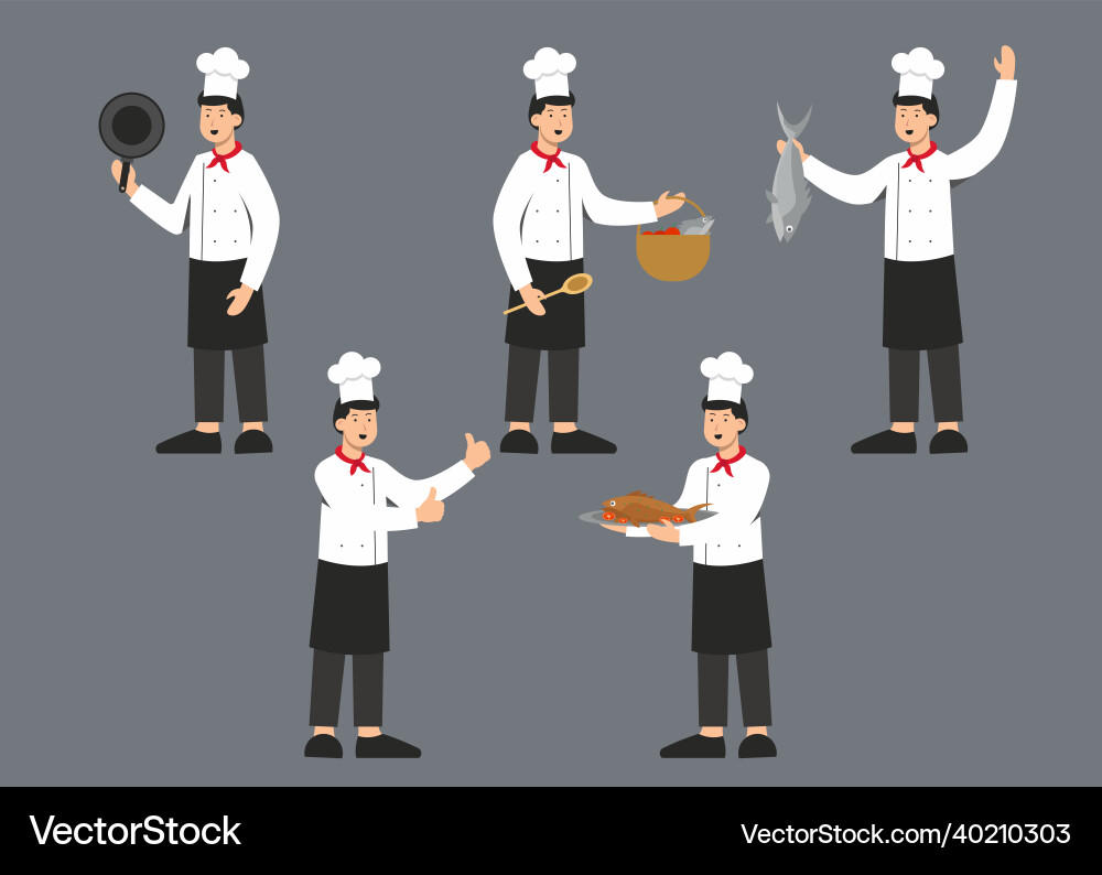 Set of chef man character in different actions Set of chef man character in different actions Vector Image