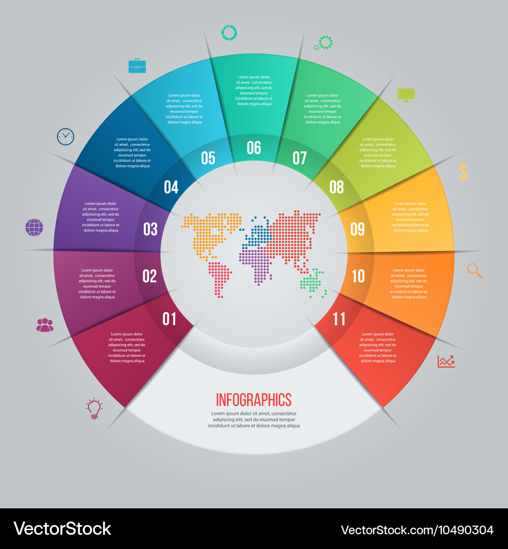 11 Part Pie Chart with World Map vector image