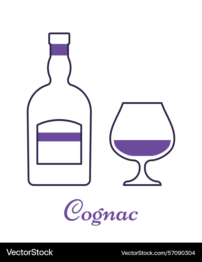 Cognac bottle and glass thin line objects linear Cognac bottle and glass thin line objects linear vector image
